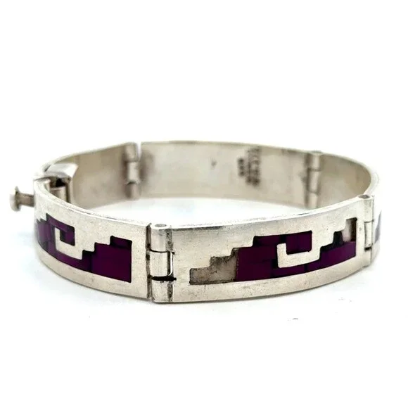 Taxco Mexico TM-275 925 Sterling Silver Purple Inlay Wave Panel Bracelet
